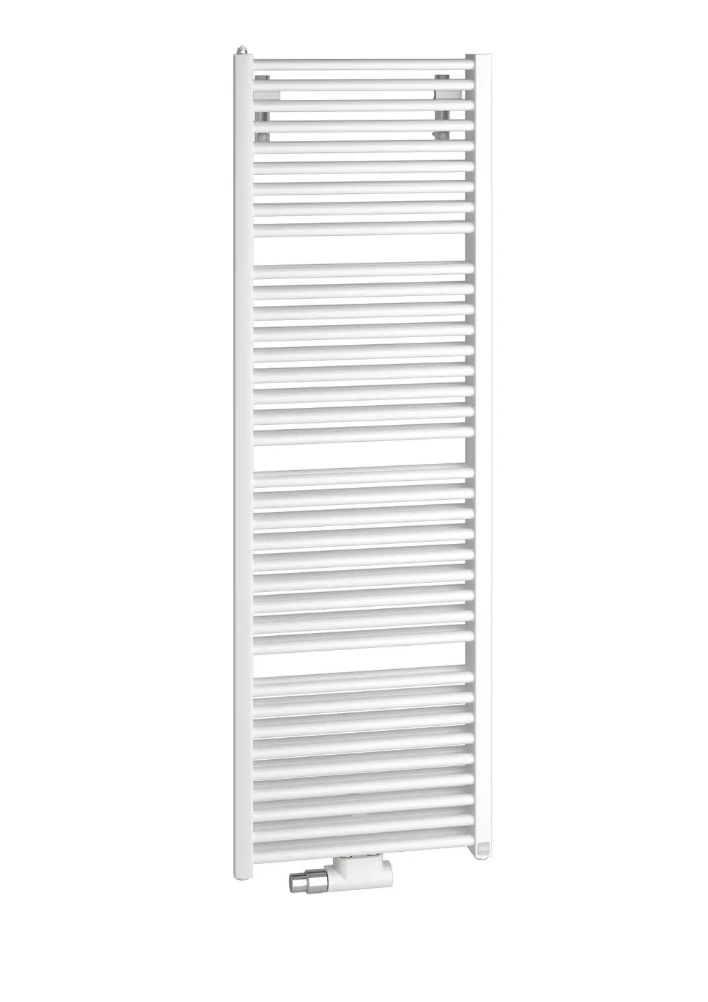 Vertikaler Kermi-Heizkörper in Weiß mit horizontalen Rippen und Anschluss unten. Ideal für Bäder oder enge Räume.